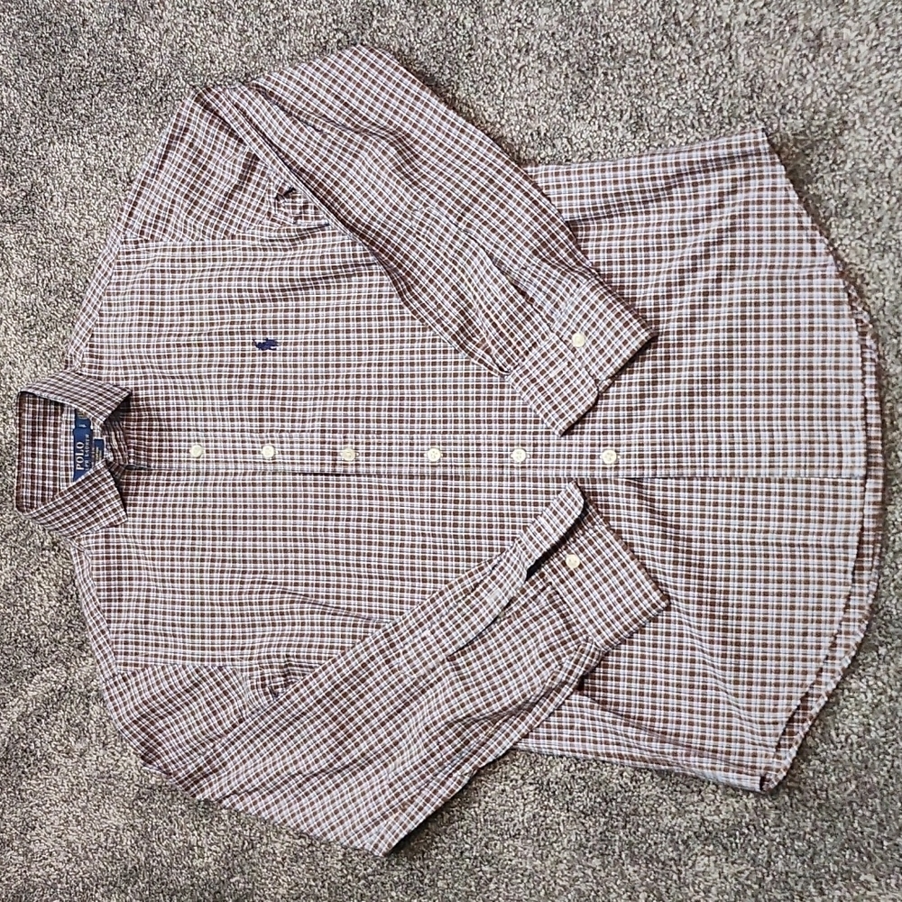 Polo Dress Shirt Small. Brown and blue small checker.